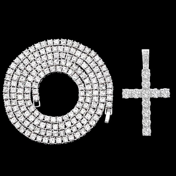 ⭐ 2PC 24" Diamond Hip Hop Necklace and Cross Pendant With 4mm Diamonds  ⭐ - Picture 2 of 11